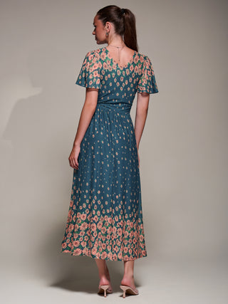 Mirrored Mesh Short Sleeve Midaxi Dress, Teal Floral