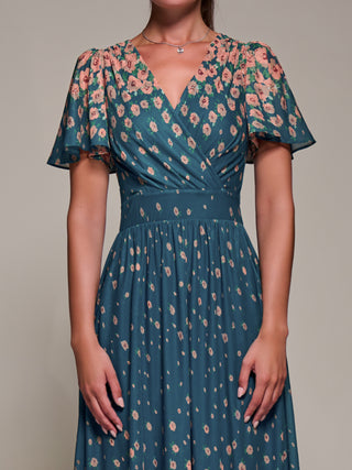 Mirrored Mesh Short Sleeve Midaxi Dress, Teal Floral