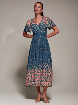 Mirrored Mesh Short Sleeve Midaxi Dress, Teal Floral