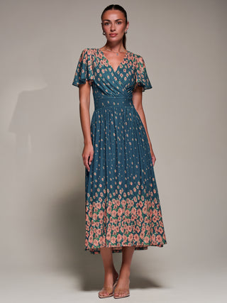 Mirrored Mesh Short Sleeve Midaxi Dress, Teal Floral