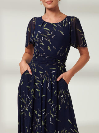 Elvira Print Mesh Maxi Dress, Navy Leafy