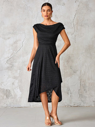 Textured Asymmetrical Draped Midaxi Dress, Black