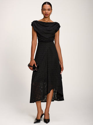 Textured Asymmetrical Draped Midaxi Dress, Black