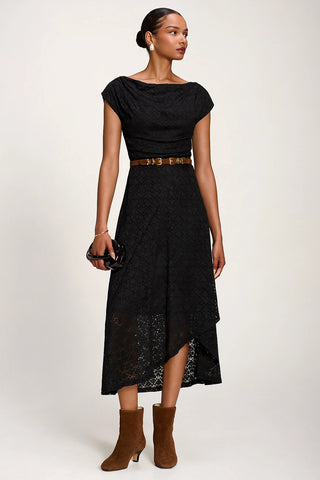 Textured Asymmetrical Draped Midaxi Dress, Black