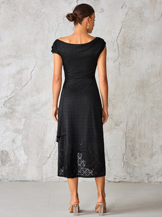 Textured Asymmetrical Draped Midaxi Dress, Black