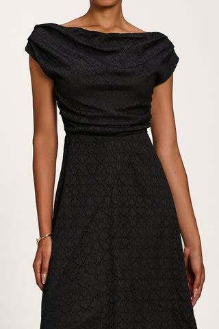 Textured Asymmetrical Draped Midaxi Dress, Black