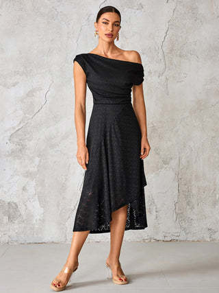 Textured Asymmetrical Draped Midaxi Dress, Black
