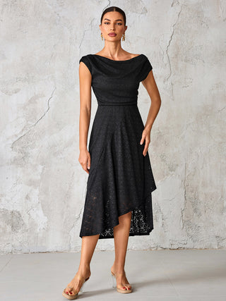 Textured Asymmetrical Draped Midaxi Dress, Black