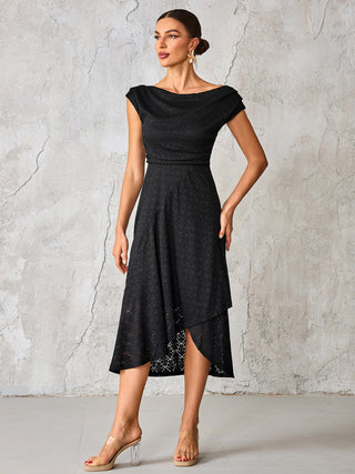 Textured Asymmetrical Draped Midaxi Dress, Black