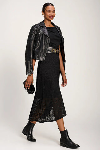 Textured Asymmetrical Draped Midaxi Dress, Black