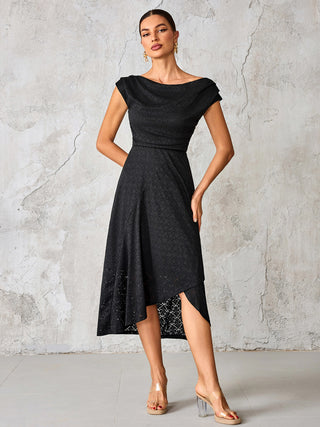 Textured Asymmetrical Draped Midaxi Dress, Black