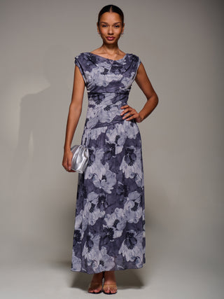 Asymmetric Draped Mesh Maxi Dress, Black Abstract