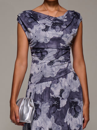 Asymmetric Draped Mesh Maxi Dress, Black Abstract