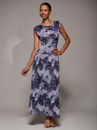 Asymmetric Draped Mesh Maxi Dress, Black Abstract