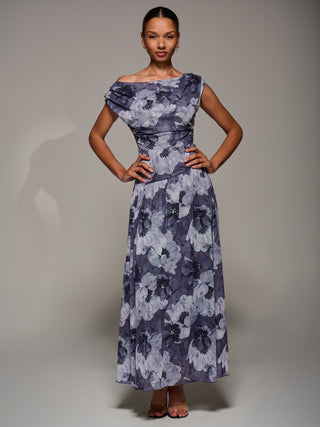 Asymmetric Draped Mesh Maxi Dress, Black Abstract