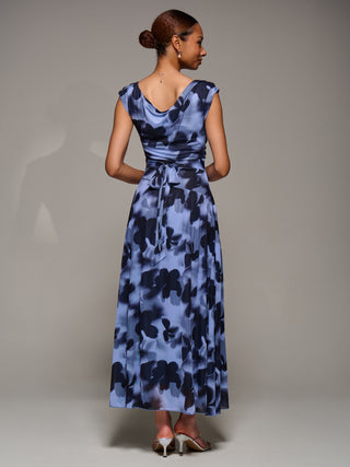 Asymmetric Draped Mesh Maxi Dress, Blue Abstract