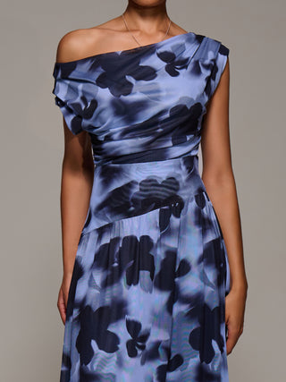 Asymmetric Draped Mesh Maxi Dress, Blue Abstract