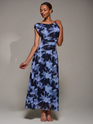 Asymmetric Draped Mesh Maxi Dress, Blue Abstract