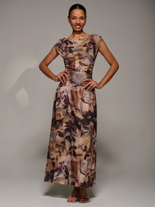 Asymmetric Draped Mesh Maxi Dress, Brown Abstract