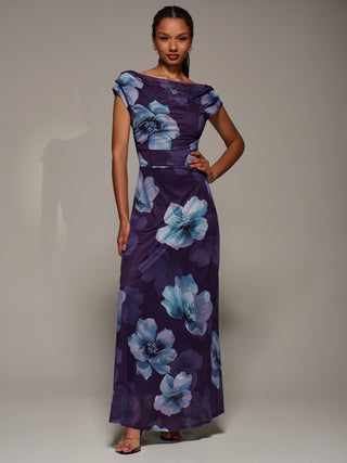 Asymmetric Neck Mesh Maxi Dress, Purple Floral