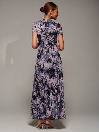 Turtle Neckline Mesh Maxi Dress, Black Abstract