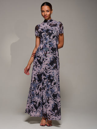 Turtle Neckline Mesh Maxi Dress, Black Abstract