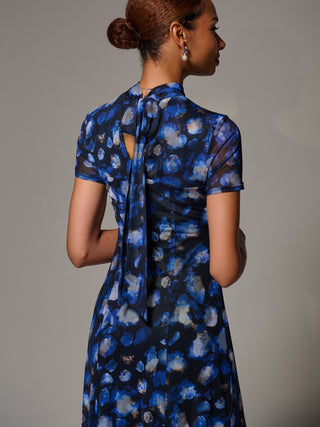 Turtle Neckline Mesh Maxi Dress, Blue Abstract