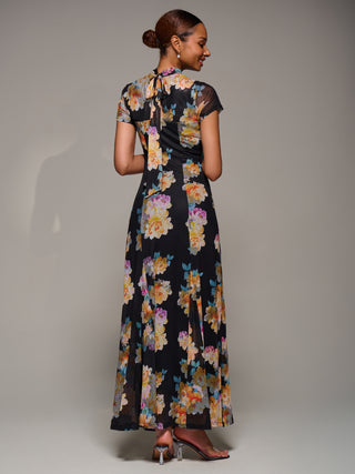 Turtle Neckline Mesh Maxi Dress, Yellow Floral