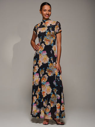 Turtle Neckline Mesh Maxi Dress, Yellow Floral