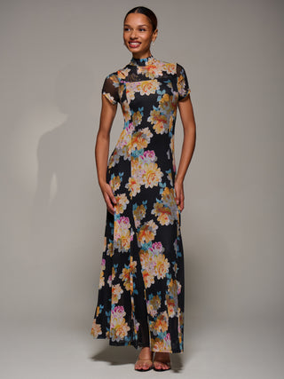 Turtle Neckline Mesh Maxi Dress, Yellow Floral