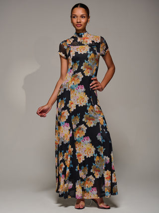 Turtle Neckline Mesh Maxi Dress, Yellow Floral