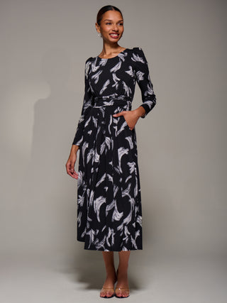Puff Long Sleeve Jersey Maxi Dress, Black Brushstroke