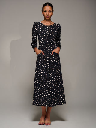 Puff Long Sleeve Jersey Maxi Dress, Black Spot