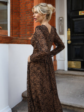 Long Sleeve Pleated Lace Maxi Dress, Brown Animal
