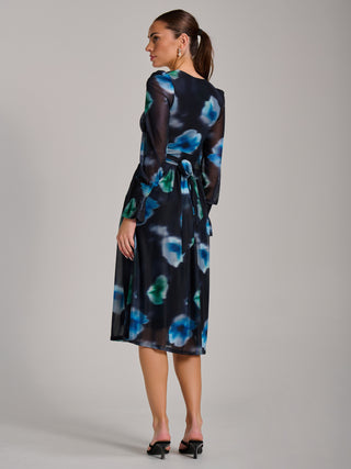 Long Sleeve Printed Mesh Midi Dress, Floral Multi