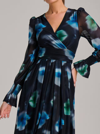 Long Sleeve Printed Mesh Midi Dress, Floral Multi