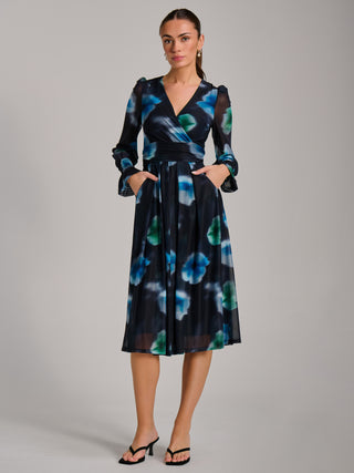 Long Sleeve Printed Mesh Midi Dress, Floral Multi