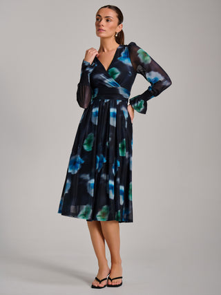 Long Sleeve Printed Mesh Midi Dress, Floral Multi