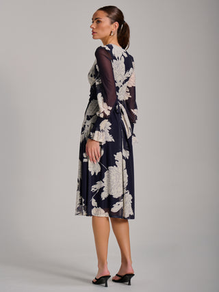 Long Sleeve Printed Mesh Midi Dress, Navy Floral
