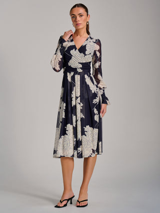 Long Sleeve Printed Mesh Midi Dress, Navy Floral