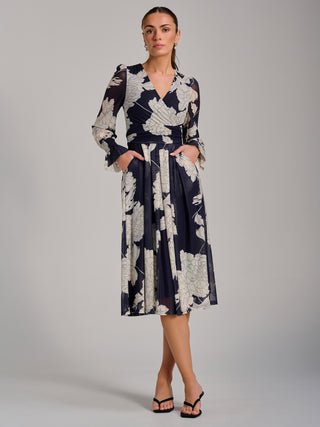 Long Sleeve Printed Mesh Midi Dress, Navy Floral