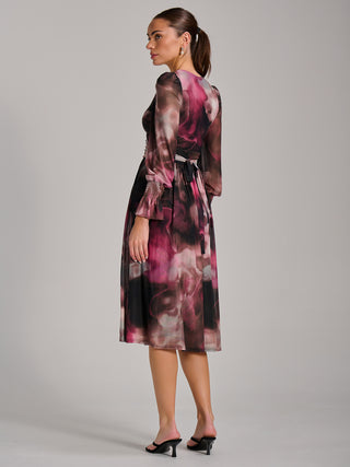 Long Sleeve Printed Mesh Midi Dress, Pink Abstract