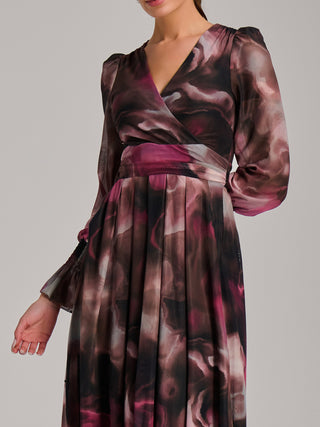 Long Sleeve Printed Mesh Midi Dress, Pink Abstract