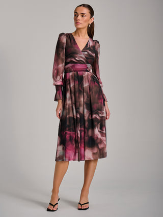 Long Sleeve Printed Mesh Midi Dress, Pink Abstract