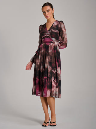 Long Sleeve Printed Mesh Midi Dress, Pink Abstract