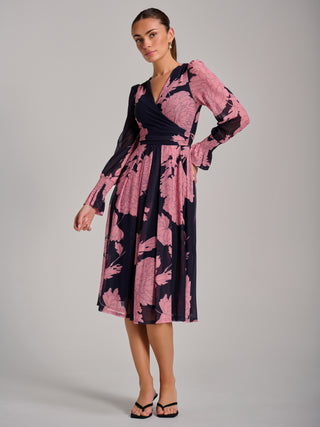 Long Sleeve Printed Mesh Midi Dress, Pink Floral
