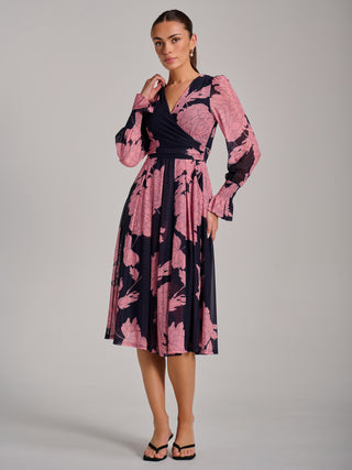 Long Sleeve Printed Mesh Midi Dress, Pink Floral