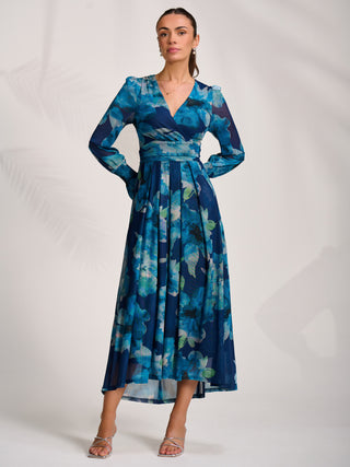 Long Sleeve V Neck Mesh Maxi Dress, Blue Floral