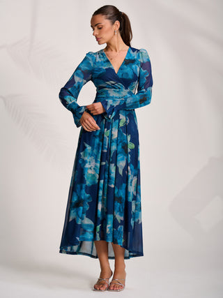 Long Sleeve V Neck Mesh Maxi Dress, Blue Floral