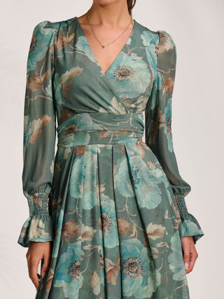 Long Sleeve V Neck Mesh Maxi Dress, Green Floral